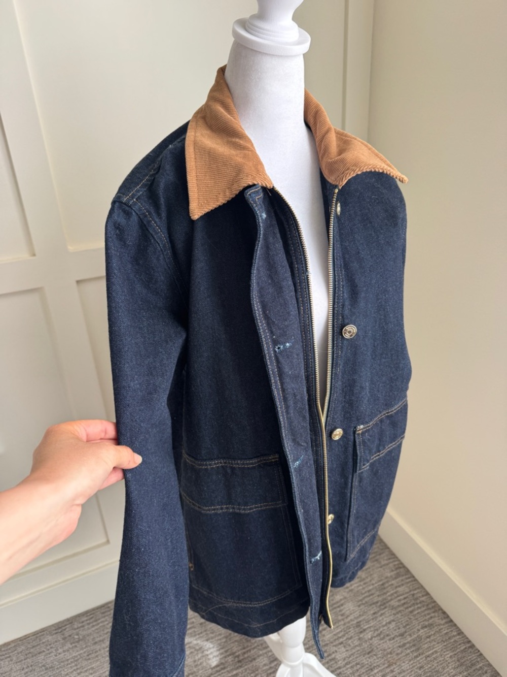 Reformation Navy Denim Field Jacket with Brown Corduroy Collar - Picture 7 of 12
